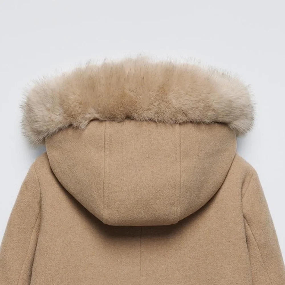 Zara Kids Light Brown Wool Blend Hooded Coat with Faux Fur Trim. Size 13-14.